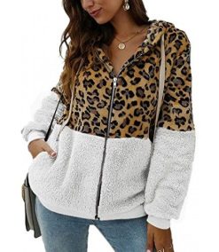 Women’s Leopard Printed Drawstring Fuzzy Hooded Zipper Jacket Coat