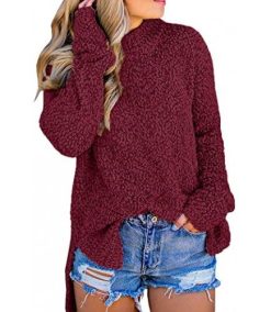 Women Fuzzy Knitted Sweater Sherpa Fleece Side Slit Full Sleeve Jumper Outwears