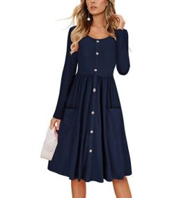 Women’s Long Sleeve Dresses Casual Button Down Midi Dress with Pockets