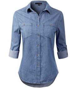 Women’s Basic Classic Roll up Sleeve Button Down Chambray Denim Shirt