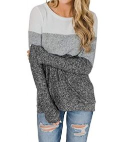Women’s Long Sleeve Color Block Cute Shirt Round Neck Casual Tops