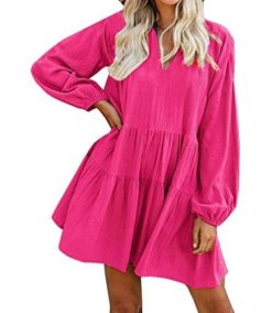 Women’s Cute Shift Dress with Pockets Fully Lined Bell Sleeve Ruffle Hem V Neck Loose Swing Tunic Mini Dress
