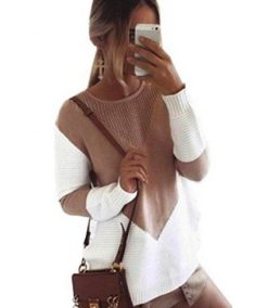 Women Long Sleeve Crew Neck Pullovers Stitching Color