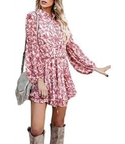 Women’s Floral Boho V-Neck Button Down Long Sleeve Ruffle Elastic Waist Printed Mini Dress Beach Sundress