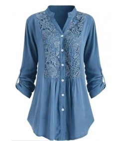 V Neck Floral Lace Crochet Blouse Tops Roll-up Sleeve Button Down Tunic Shirt