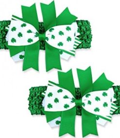 2 Pieces St. Patrick’s Day Stretch Baby Headband Baby Girls Bowknot Headband with Shamrock Print Hair Band Headdress for Baby Toddler Girls