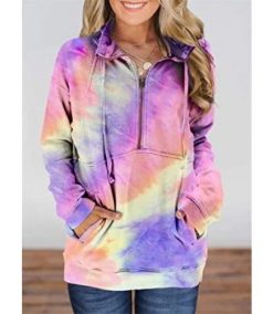 Women Casual Sweatshirts Long Sleeve Lapel Zipper Loose Pullover Tops with Pockets