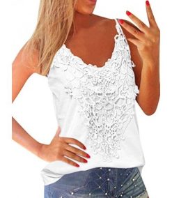 Women’s Sexy Spaghetti Sleeveless Vest V Neck Lace Cami Tank Tops Summer Casual Loose Solid Color T-Shirt Blouse