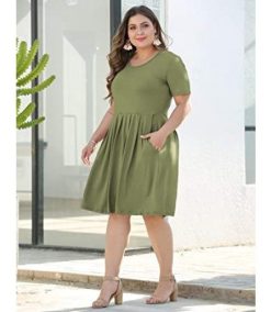 Women’s Plus Size Round Neck Pleated Loose Swing Casual Dress with Pockets Knee Length