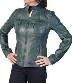 Ladies Petrol Leather Hip Length Biker Jacket