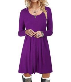 Women’s Round Neck Long Sleeve T Shirt Dresses Pleated Loose Swing Casual Midi Dress Knee Length