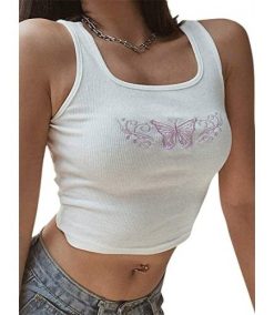 Women ‘s U-Neck Vest, Fashion Butterfly Embroidery Exposed Navel Sleeveless Tops
