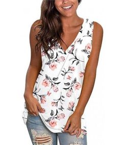 Women Floral Print Vest Tank Tops V Neck Sleeveless T Shirts Summer Ladies Casual Loose Camisole Blouse Beach Tops