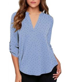 Women’s Polka Dots Roll Tab Long Sleeve Blouse Shirt