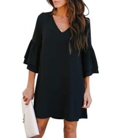 Cute V-Neck Bell Sleeve Shift Dress Mini Dress