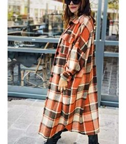 Women’s Casual Plaid Lapel Brushed Button Down Pocketed Long Shacket Coat Shirt