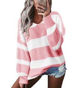 Women Color Block Jumpers Loose V-Neck Striped Sweaters Knit Pullover Casual Long Sleeve Tunic Top