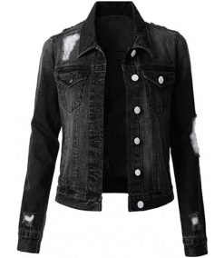 Women‘s Denim Jacket Ladies Lapel Denim Cropped Jacket Classic Stretch Vintage Outerwear