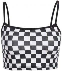 Women Sexy Checkerboard Print Strap Backless Plaid Camis Streetwear Crop Tops