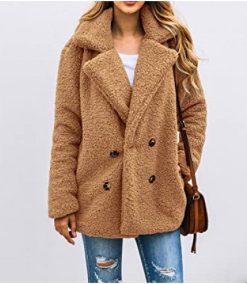 Women’s Fashion Long Sleeve Lapel Zip Up Faux Shearling Shaggy Oversized Coat Jacket with Pockets Warm Winter