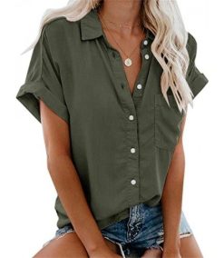 Womens Short Sleeve Shirts V Neck Collared Button Down Shirt