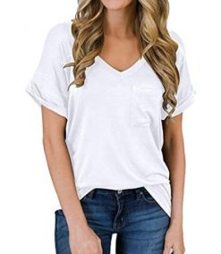 Women’s Short Sleeve V-Neck T-Shirt with Pocket Basic Splicing Summer Loose Casual Tee Shirts Tops