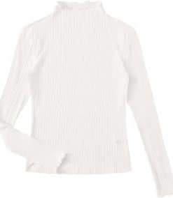 Women’s Casual High Neck Ribbed Tee Slim Fit Stretch Striped Knit T Shirts