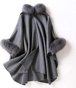 Genuine Fox Fur Collar Cashmere Poncho Shawl