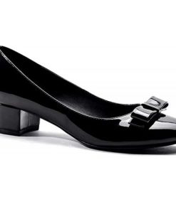 Women Round Toe Bow Patent Leather Pumps Block Heel Court Shoes