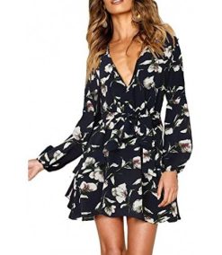 Women Long Sleeve V Neck Dress Floral Mini Swing Party Wedding Dress with Belt