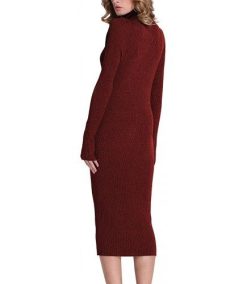 Women’s Turtleneck Ribbed Elbow Long Sleeve Knit Sweater Dress