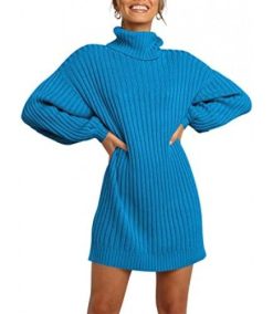 Women Turtleneck Long Lantern Sleeve Casual Loose Oversized Sweater Dress Soft Winter Pullover Dresses