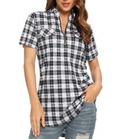 Women Roll-Up 3/4 Sleeve Plaid Shirt Tunic V Neck