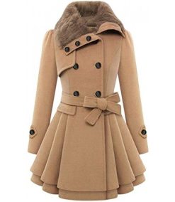 Women’s Winter Hooded Coat Double Breasted Belted Woolen Coat Long Sleeve Lapel Wrap Outwear with Pockets Warm Outdoor Trench Coat