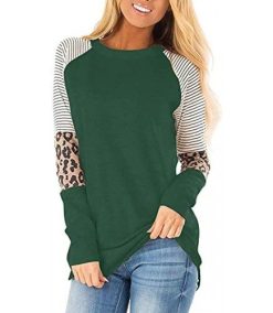 Womens Long Sleeve T Shirts Round Neck Sweatshirts Leopard Print Stripe Leopard Print Tops for Lday