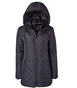 Women Hooded Puffer Jacket Reversible to Black Chevron Faux Fur Winter Coats