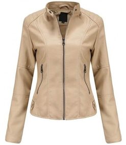 Women PU Leather Jacket Slim Fit Stand Collar Outwear Classic Zip Up Motorcycle Biker Jacket