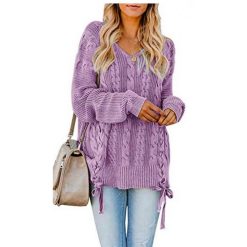 Pullover Sweaters Plus Size Cable Knit V Neck Lace