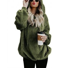 Teddy Fleece Sweatshirts Women Casual Double Fuzzy Fluffy Hoodie Solid Color Warm Stylish 1/4 Zip Pullover with Pockets