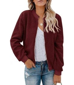 Women Fashion Fuzzy Fleece Jacket Zip Up Fluffy Bomber Jacket Teddy Bear Coat with Pockets Warm Winter