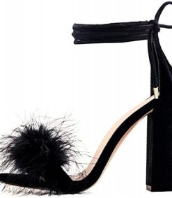 Women’s Fashion Feather Sandals Open Toe Cross Band Chunky Heels Lace-Up High Heel Wedding Sandals