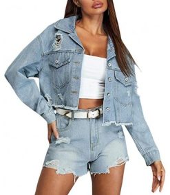Womens Denim Jacket Vintage Short Lapel Jean Jacket Fashion Frayed Jacket Outerwear