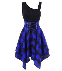 Women Sleeveless Skirt Cold Shoulder Cross Lace Up Plaid Print Irregular Dress